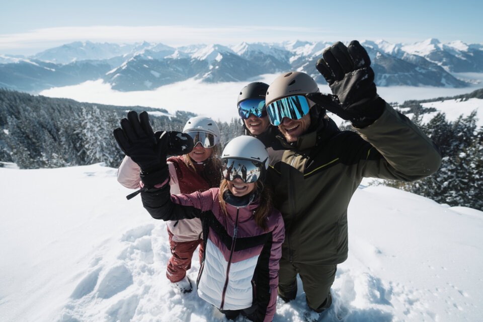 Gruppe von vier Skifahrern winkt in den Bergen. | © INTERSPORT International Corporation GmbH