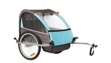 Fahrradanhänger für Kinder mit gelber Sicherheitsflagge.