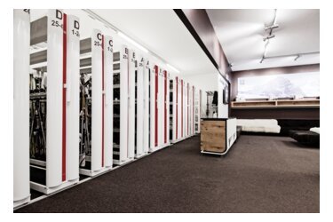 Ski and boot storage racks in a ski rental shop