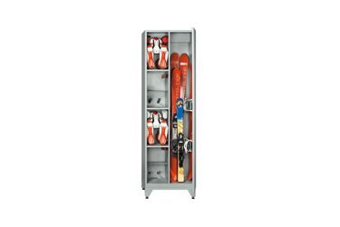 Ski locker with skis and boots.